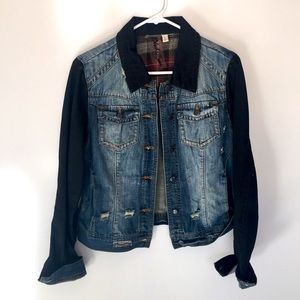 Two-toned distressed denim jacket. Size Large